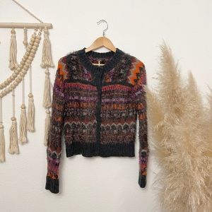 Free People cardigan sweater grey orange fuzzy fall knit patterned chunky M